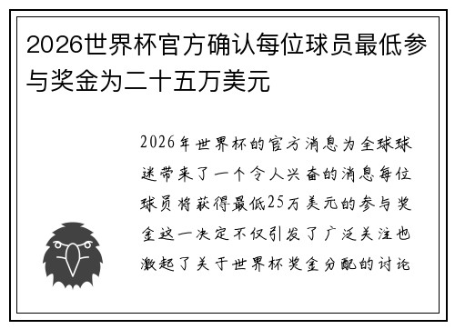 2026世界杯官方确认每位球员最低参与奖金为二十五万美元